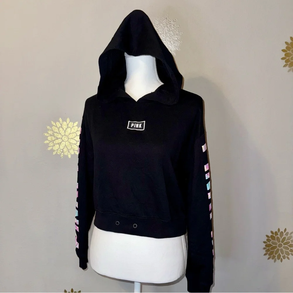 Victoria’s Secret Pink Brand Black Crop Hoodie Sweatshirt Women’s Chic Y2K‎ 90’s - Picture 3 of 9